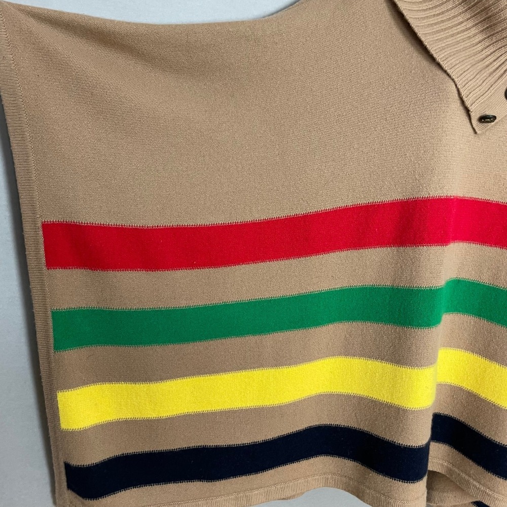 Lauren Ralph Lauren Poncho Women Small Medium Tan Multi Stripe Button Wool Blend - Picture 9 of 16
